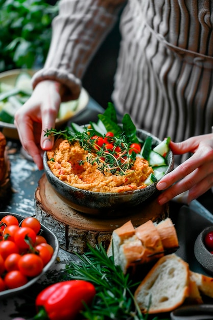 bowl with vegetables and bread on the table Selective focus