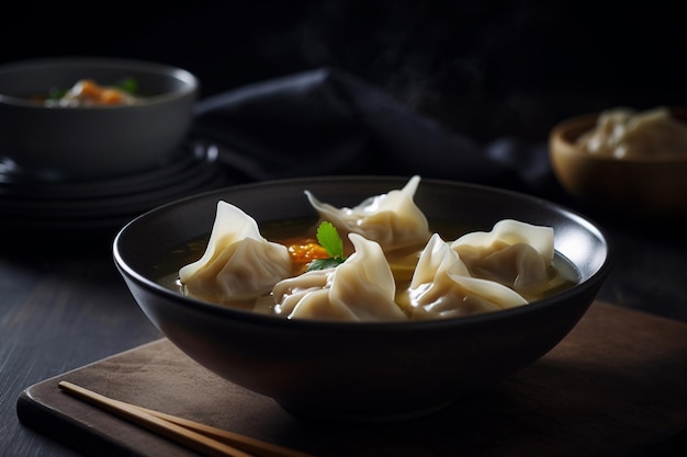 A bowl of wonton soup with a bowl of dumplings on the side.