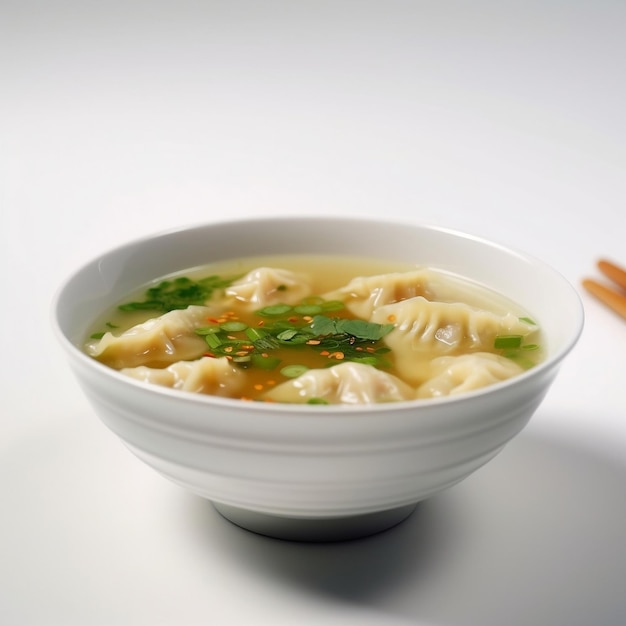 A bowl of wonton soup with green onions and cilantro on top isolated in white background