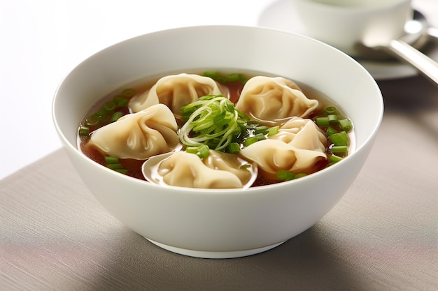 A bowl of wonton soup with green onions and a white bowl of soup