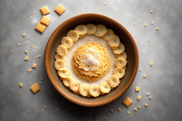 A bowl of yellow cookies with a blue rim and a bowl of cookies on the side