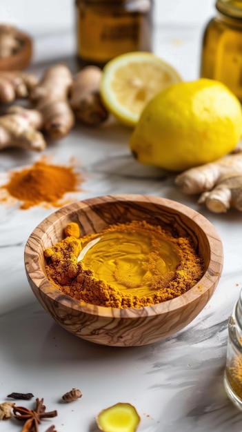 Photo a bowl of yellow liquid with a yellow lemon on top