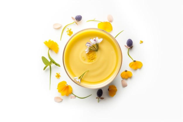 A bowl of yellow mustard with flowers on the side