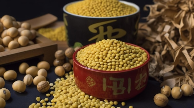 A bowl of yellow pea seeds sits on a table with other bowls of food including a bowl of soybean.