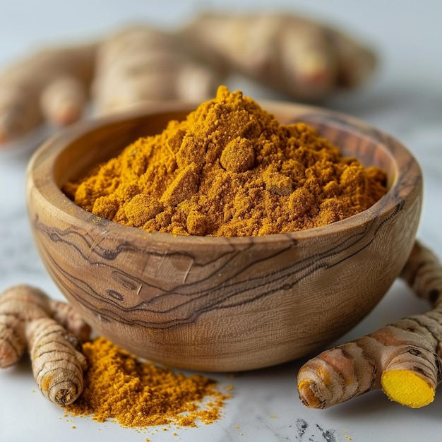 Photo a bowl of yellow turmeric powder