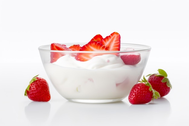 Bowl of yogurt and strawberries on white tablecloth Generative AI