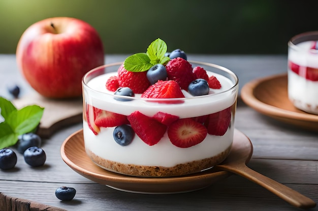 A bowl of yogurt with berries and blueberries on a wooden table.