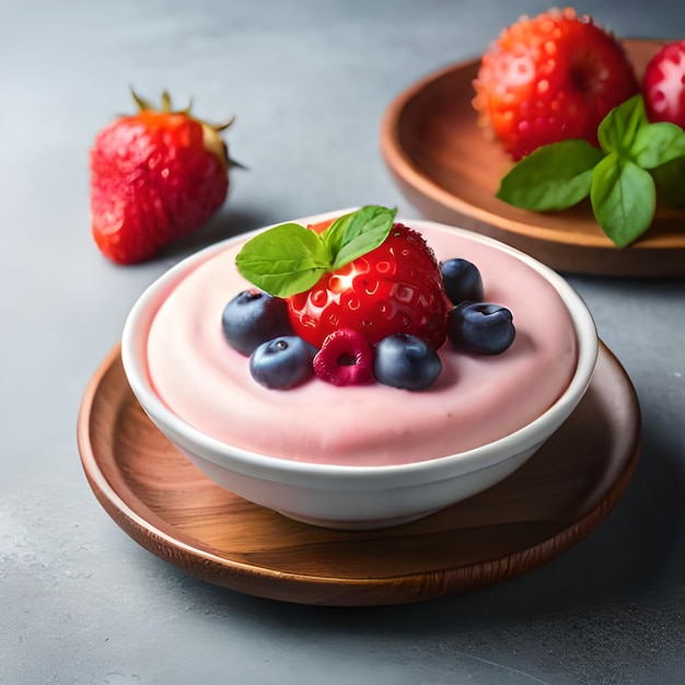 A bowl of yogurt with berries and strawberries on top.