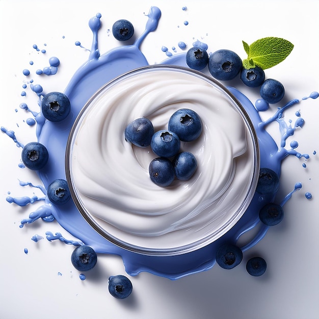 Photo a bowl of yogurt with blueberries and a green leaf