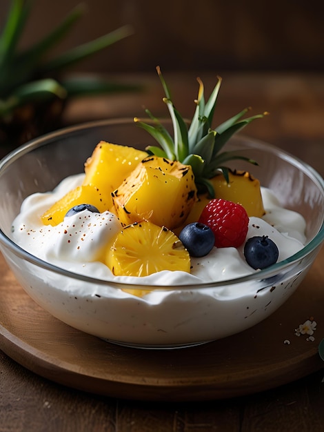 a bowl of yogurt with pineapple and pineapple