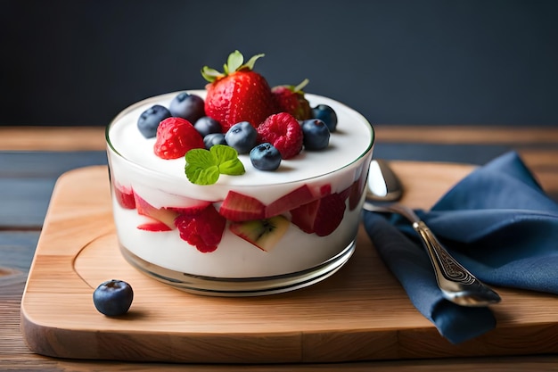 A bowl of yogurt with strawberries and blueberries on top