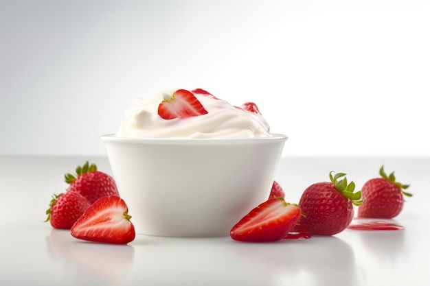 Bowl of yogurt with strawberries on the side of it Generative AI