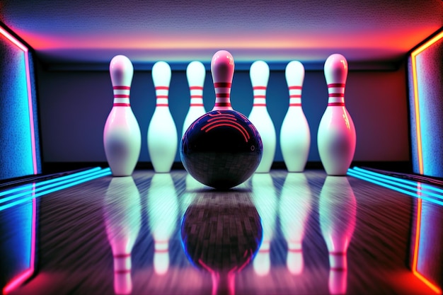 A bowling alley with a ball on the floor and the light on the wall