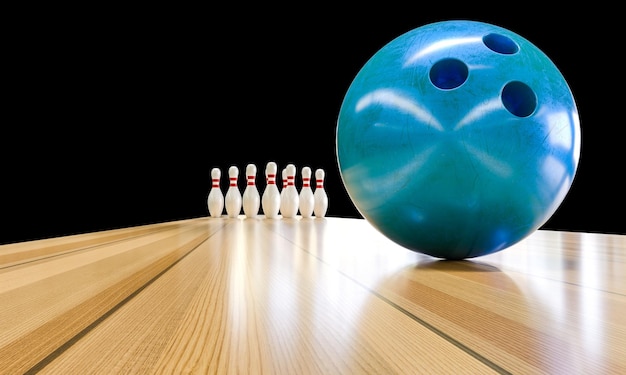 Bowling alley with ball and skittles 3d render