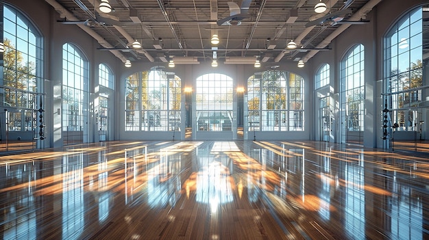 a bowling alley with a large window and a large window in the background