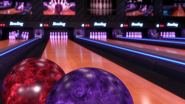 A bowling alley with a tv screen that says'bowling alley'on it