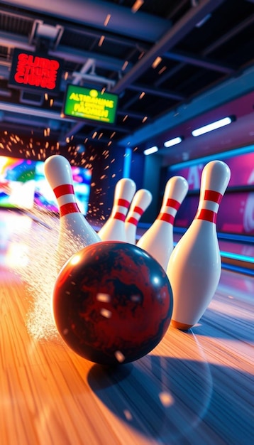 a bowling ball and pins are lined up in front of a sign that says bowling