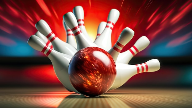 The bowling ball scores a strike on the pins the pins fly to the sides the light on the background