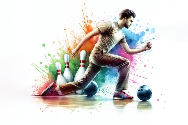 bowling watercolor splash player in action with a ball isolated on white background