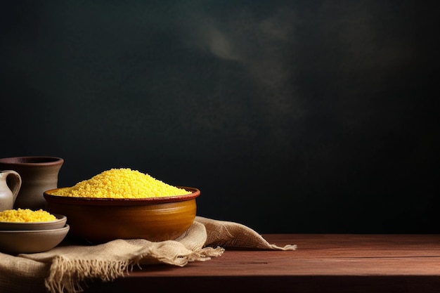 Bowls of farofa on table dark background copy space Traditional Brazilian cuisine AI generated