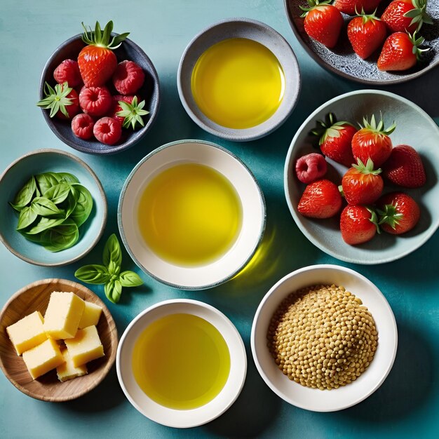 bowls of food including cheese olive oil and parsley are on a table