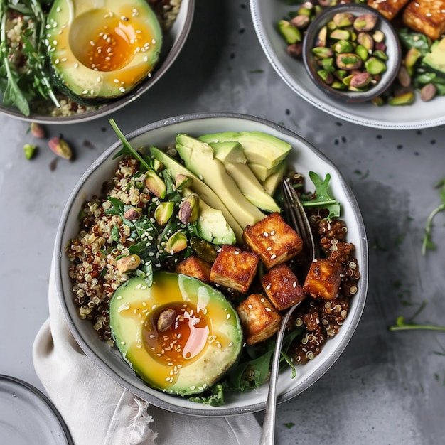 Photo bowls of food with avocado generative ai