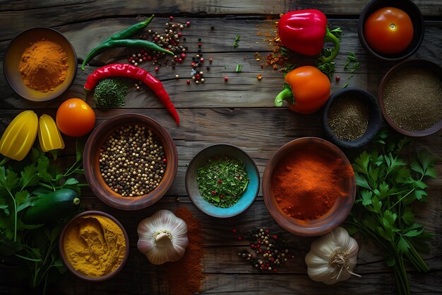 Bowls of Fresh Vegetables and Spices Arranged on a Table