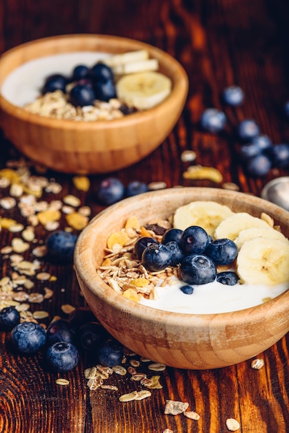 Bowls of Granola Banana Blueberry and Yoghurt