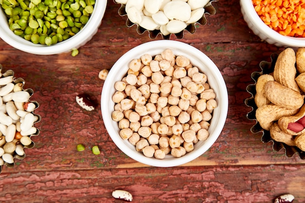 Bowls of various beans and legumes.