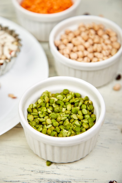 Bowls of various Collection set of beans and legumes.