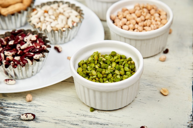 Bowls of various Collection set of beans and legumes.