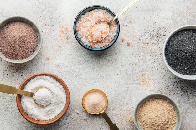 Bowls with assorted speciality salt