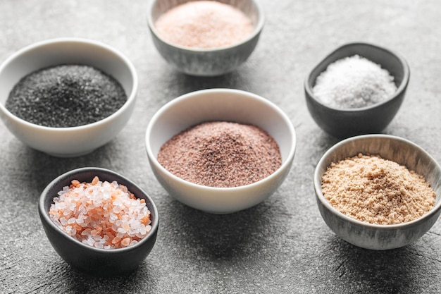 Bowls with assorted speciality salt