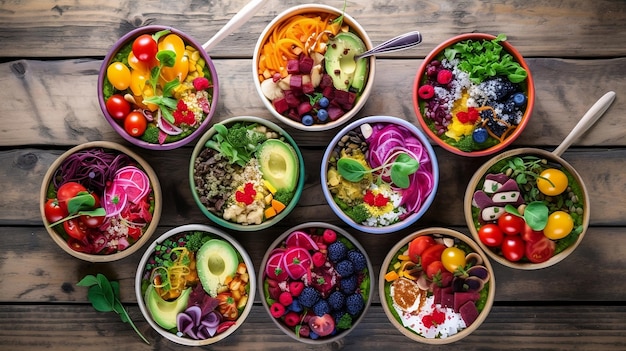 Bowls with Healthy Food on a rustic wooden table Colourful composition