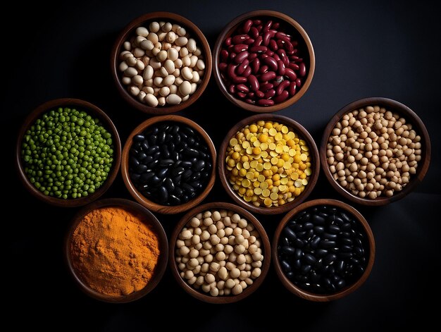 Bowls with legumes on a black background