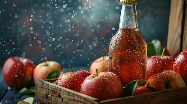 a box of apples and apples with a bottle of water on it