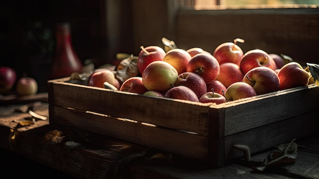 A box of apples is on a table with the word apple on it.