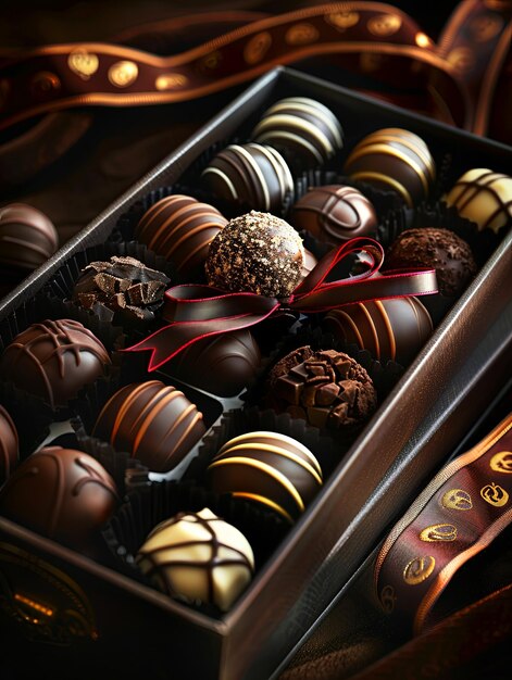 Box of assorted chocolate truffles elegantly wrapped with a red ribbon luxurious presentation Generative AI