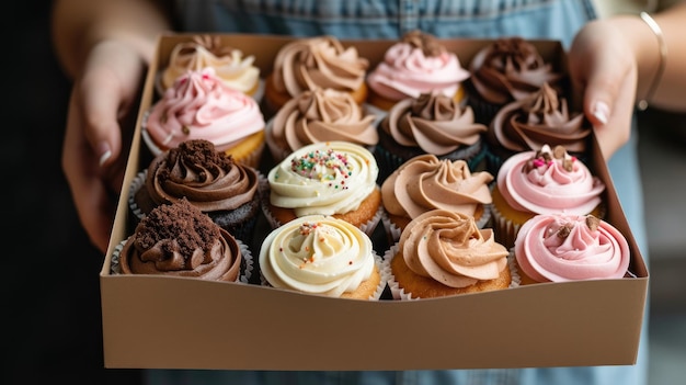 A box of assorted cupcakes in various flavors