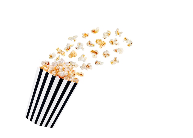 box black with popcorn in flight on a white transparent background closeup