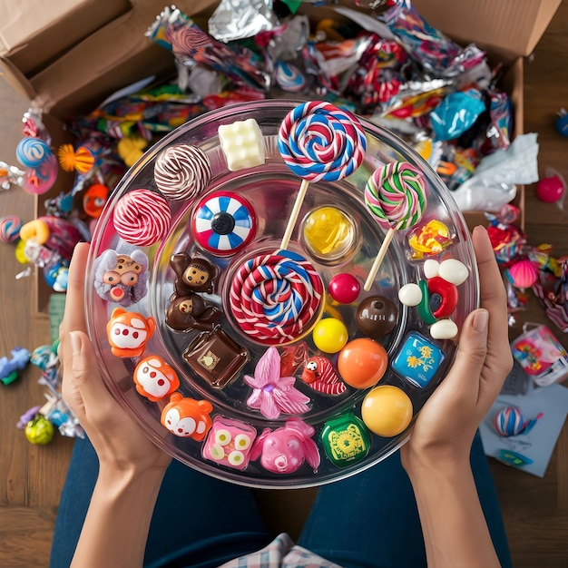 a box of candy is filled with candy and a person holding a plastic bag