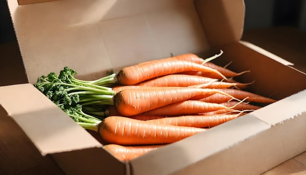 a box of carrots with the word on it  on the top