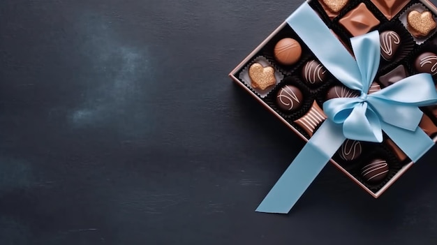 A box of chocolates with a blue ribbon on the top