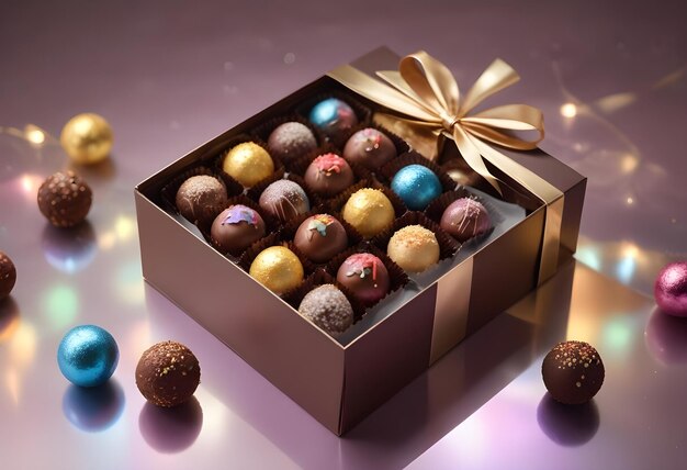 Photo a box of chocolates with chocolates in it and a box of chocolates with a gold bow