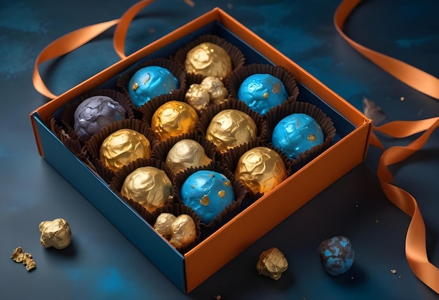 a box of chocolates with gold foil on the top