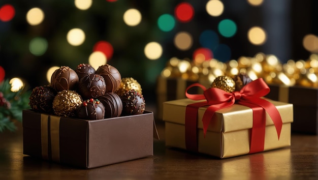 a box of chocolates with a red ribbon around it