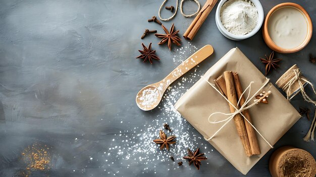 Photo a box of cinnamon sticks and a spoon with a bow on it