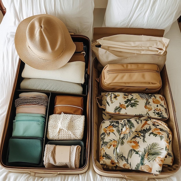 a box of clothes and a hat is open to a suitcase