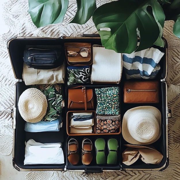 Photo a box of clothes a palm leaf and a hat