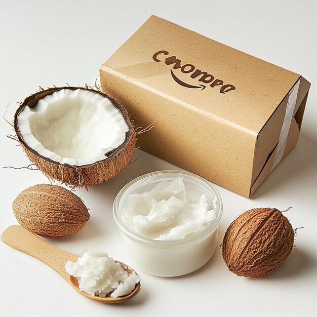 Photo a box of coconut milk sits next to a box of coconuts